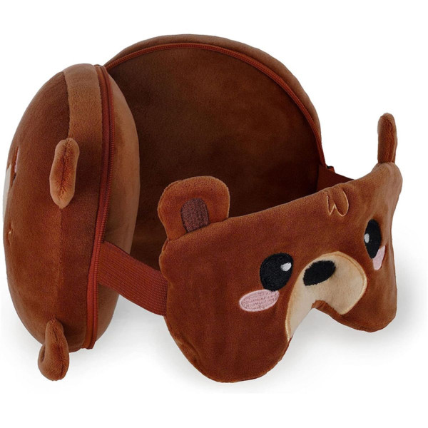 TRAVEL PILLOW WITH EYE MASK MY TRAVEL BUDDY TEDDY BEAR 