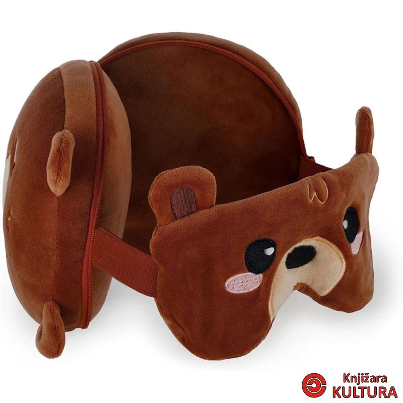 TRAVEL PILLOW WITH EYE MASK MY TRAVEL BUDDY TEDDY BEAR 